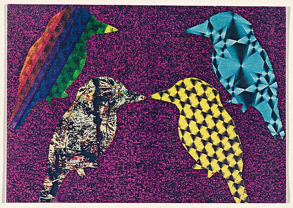 Artist: b'McDiarmid, David.' | Title: b'Postcard (Kookaburras)' | Date: 1985 | Technique: b'screenprint, collage' | Copyright: b'Courtesy of copyright owner, Merlene Gibson (sister)'