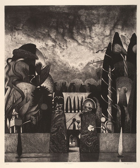Artist: b'Quick, Ron.' | Title: bFool's paradise I | Date: 1987 | Technique: b'etching, aquatint, roulette, scraping and burnishing, printed in black ink, from one plate'