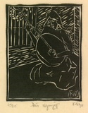 Artist: b'Nguyen, Tuyet Bach.' | Title: b'Dan Nguyet [4 strings lute]' | Date: 1990 | Technique: b'linocut, printed in black ink, from one block'