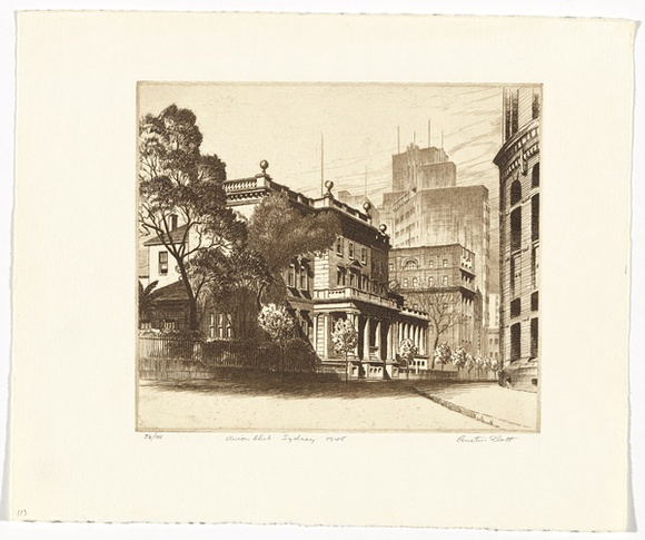 Artist: b'PLATT, Austin' | Title: b'Union Club, Sydney' | Date: 1945 | Technique: b'etching, printed in black ink, from one plate'