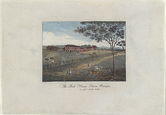 Title: The Red House Farm, Windsor in New South Wales. | Date: c.1810 | Technique: engraving, printed in black ink, from one copper plate; hand-coloured