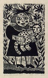 Artist: b'HANRAHAN, Barbara' | Title: b'Girl, cat, bird' | Date: 1989 | Technique: b'wood-engraving, printed in black ink, from one block'