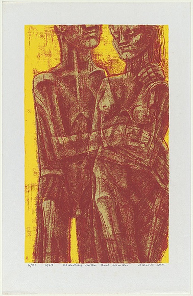 Artist: b'Rose, David.' | Title: b'Standing man and woman' | Date: 1963 | Technique: b'screenprint, printed in colour, from four stencils'