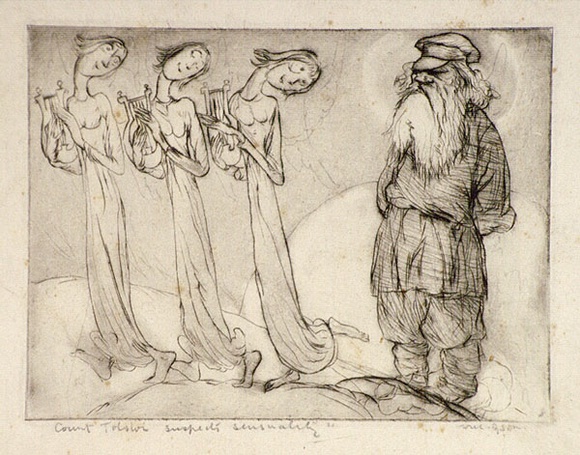 Artist: b'Dyson, Will.' | Title: b'Our immortals: Count Leo Tolstoi suspecting an element of sensuality in the Heavenly choir.' | Date: c.1929 | Technique: b'drypoint, printed in black ink, from one plate'