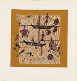 Artist: b'Marika, Banduk.' | Title: b'Miyapunawu Narrunan (Turtle hunting Bremer Island)' | Date: 1989 | Technique: b'linocut, printed in colour, from multiple blocks'