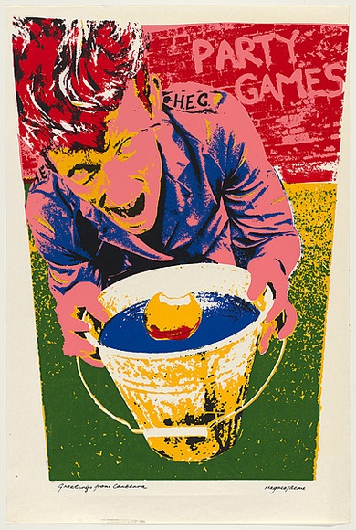 Artist: b'Megalo/Acme Inc.' | Title: b'Greetings from Canberra' | Date: 1983 | Technique: b'screenprint, printed in colour, from six stencils'