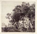 Artist: b'Warner, Alfred Edward.' | Title: b'Drovers cook making camp' | Date: 1922 | Technique: b'etching, printed in brown ink with plate-tone, from one plate'