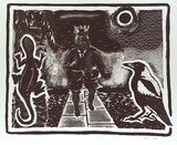 Artist: b'Francis, David.' | Title: b'(Image from a Victorian Print Workshop poster; man with crown walking down a path with lizard on the left, magpie on the right and moon in the background)' | Date: 1985 | Technique: b'lithograph, printed in black ink, from one stone'