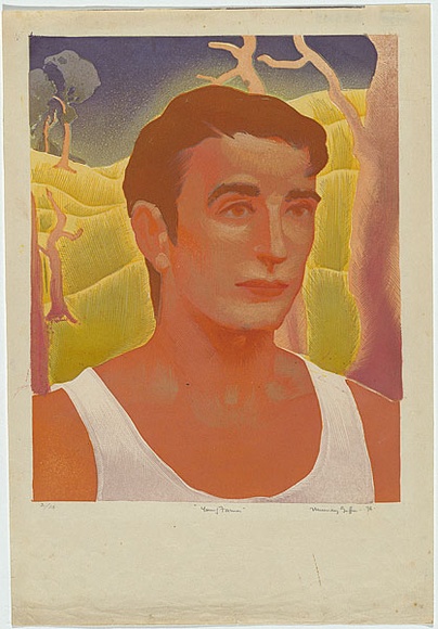 Artist: b'GRIFFIN, Murray' | Title: b'Young farmer.' | Date: 1936 | Technique: b'linocut, printed in colour, from multiple blocks'