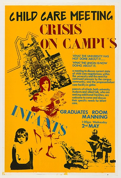 Artist: b'UNKNOWN' | Title: b'Child care meeting, Crisis on campus' | Date: 1979 | Technique: b'screenprint, printed in colour, from four stencils'