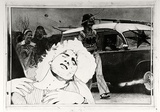 Artist: SHOMALY, Alberr | Title: (Alberr in foreground - 3 figures & car) | Date: 1973 | Technique: photo-etching and etching, printed in black ink, from one plate