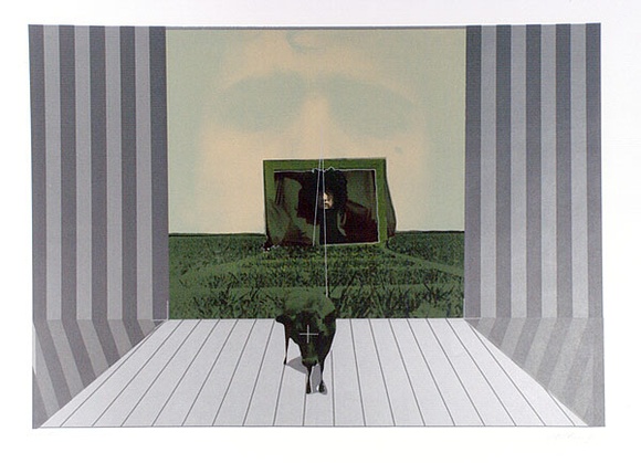 Artist: b'SHOMALY, Alberr' | Title: b'Self portrait with a cow, III' | Date: 1971 | Technique: b'screenprint, printed in colour, from multiple screens'