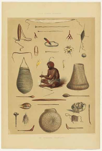 Artist: b'Angas, George French.' | Title: b'The Aboriginal inhabitants [1].' | Date: 1846-47 | Technique: b'lithograph, printed in colour, from multiple stones; varnish highlights by brush'