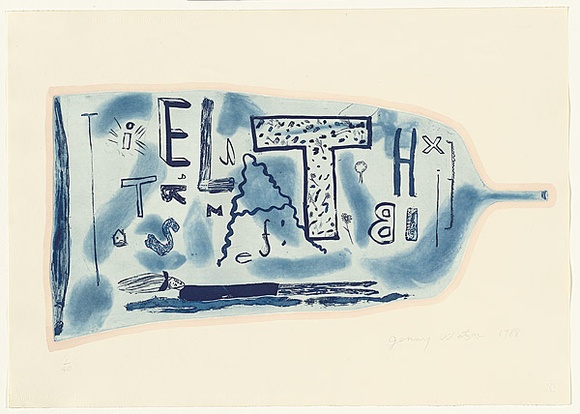 Artist: b'Watson, Jenny.' | Title: b'The bottled memories' | Date: 1988 | Technique: b'aquatint, etching, lift-ground and roulette, printed in brown ink with plate-tone, from one zinc plate; hand-coloured'