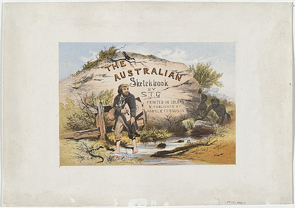 Title: b'Title page: The artist crossing a creek.' | Date: 1865 | Technique: b'lithograph, printed in colour, from multiple stones'