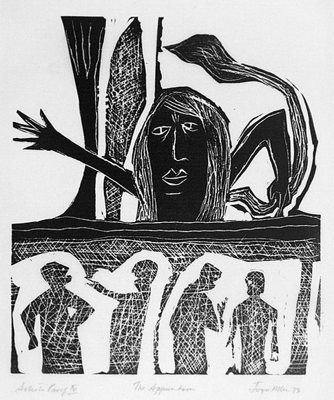 Artist: b'Allen, Joyce.' | Title: b'The apparition.' | Date: 1973 | Technique: b'linocut, printed in black ink, from one block'