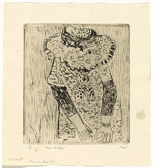 Artist: b'WALKER, Murray' | Title: b'Mrs Miller (a)' | Date: 1965 | Technique: b'etching, printed in black ink, from one plate'