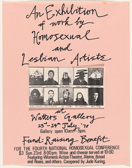 Artist: UNKNOWN | Title: An exhibition of work by homosexual and lesbian artists, Watters Gallery, Sydney | Date: 1978 | Technique: screenprint, printed in black ink, from one stencil; with collage of xerography