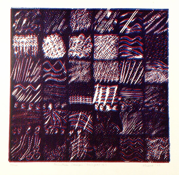 Artist: b'Shearer, Mitzi.' | Title: b'Primitive design (sampler No.1)' | Date: 1975 | Technique: b'linocut, printed in colour, from two blocks'