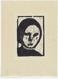 Artist: b'MADDOCK, Bea' | Title: b'Mask head' | Date: 1964 | Technique: b'woodcut, printed in black ink, from two pine blocks'