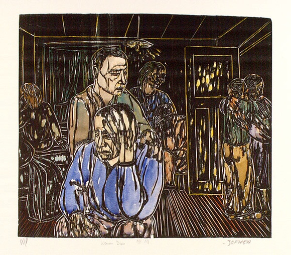 Artist: b'ZOFREA, Salvatore' | Title: b'Woman dies.' | Date: 1989 | Technique: b'woodcut, printed in black, from one block; hand-coloured' | Copyright: b'\xc2\xa9 Salvatore Zofrea, 1989'