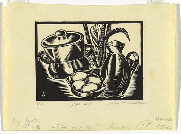 Artist: b'McMillan, Chloe.' | Title: b'Still life' | Date: c.1934 | Technique: b'linocut, printed in black ink, from one block'