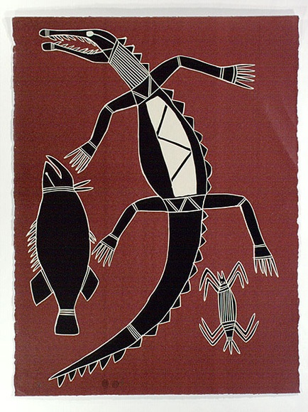 Artist: b'MILAYBUMA, David' | Title: b'Crocodile, barramundi and yabbie' | Date: 1979 | Technique: b'screenprint, printed in colour, from three stencils'