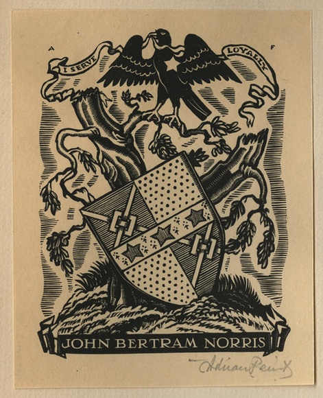 Artist: b'FEINT, Adrian' | Title: b'Bookplate: John Bertram Norris.' | Date: (1934) | Technique: b'wood-engraving, printed in black ink, from one block' | Copyright: b'Courtesy the Estate of Adrian Feint'