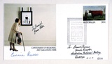 Artist: TYNDALL, Peter | Title: Centenary of regional art galleries envelope | Date: 1984 | Technique: offset-lithograph, printed in colour,from multiple plates; rubber stamp; blind stamp; pen and ink