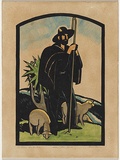 Artist: b'Thake, Eric.' | Title: b'(The shepherd)' | Date: 1930 | Technique: b'linocut, printed in black ink, from one block; hand-coloured'