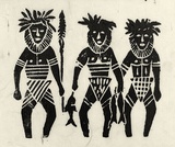 Artist: Artist unknown | Title: Three men in ceremonial costume | Date: 1970s | Technique: woodcut, printed in black ink, from one block