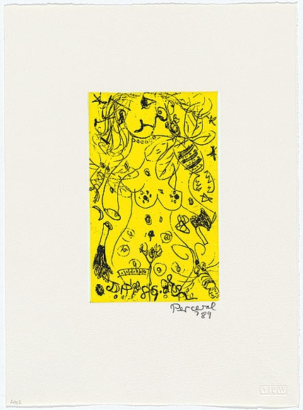 Artist: b'Perceval, John.' | Title: b'Lady with necklace' | Date: 1989 | Technique: b'etching, printed in black and yellow ink, from one plate' | Copyright: b'\xc2\xa9 John Perceval. Licensed by VISCOPY, Australia'