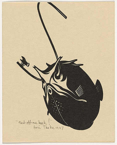 Artist: b'Thake, Eric.' | Title: b'Greeting card: Christmas (Get off me back!)' | Date: 1947 | Technique: b'linocut, printed in black ink, from one block'