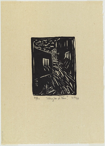 Artist: Nguyen, Tuyet Bach. | Title: Tuong lai ve dau? [Where is the future heading?] | Date: 1990 | Technique: linocut, printed in black ink, from one block