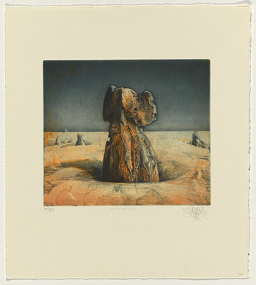 Title: b'Pinnacles, Western Australia' | Date: 1989 | Technique: b'etching, printed in blue and orange ink, from one plate'