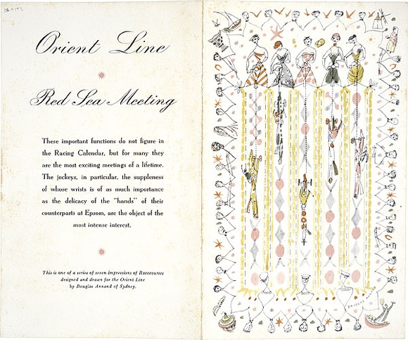 Title: b'Red Sea Meeting. Menu card for Orient Line RMS Orion.' | Date: 1953 | Technique: b'letterpress, printed in colour' | Copyright: b'\xc2\xa9 A.M. Annand'