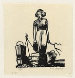 Artist: b'AMOR, Rick' | Title: b'[woman at campfire]' | Date: 1984 | Technique: b'linocut, printed in black ink, from one plate' | Copyright: b'\xc2\xa9 Rick Amor. Licensed by VISCOPY, Australia.'