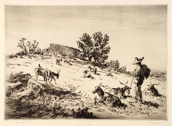 Artist: b'LINDSAY, Lionel' | Title: b'A Sicilian goatherd near Syracuse' | Date: 1927 | Technique: b'drypoint, printed in brown ink with plate-tone, from one plate' | Copyright: b'Courtesy of the National Library of Australia'