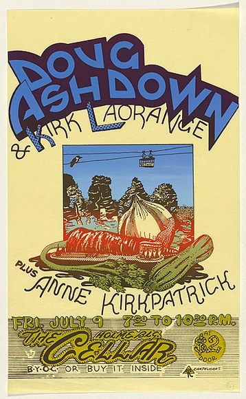 Artist: b'EARTHWORKS POSTER COLLECTIVE' | Title: b'Doug Ashdown & Kirk Laorange.' | Date: 1976 | Technique: b'screenprint, printed in colour, from two stencils'