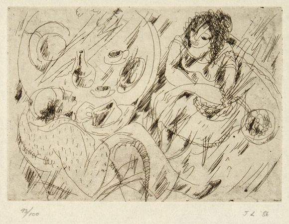 Artist: Lymburner, Francis. | Title: not titled [Couple at round table] | Date: 1940 (about) | Technique: etching, printed in black ink with plate-tone, from one plate