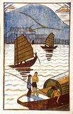 Artist: b'Syme, Eveline' | Title: b'Hong Kong Harbour' | Date: 1934 | Technique: b'linocut, printed in colour, from three blocks (yellow ochre, cobalt blue, raw umber)'