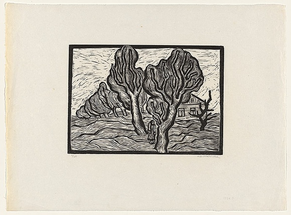 Artist: b'Groblicka, Lidia.' | Title: b'The farm [1]' | Date: 1956 | Technique: b'woodcut, printed in black ink, from one block'