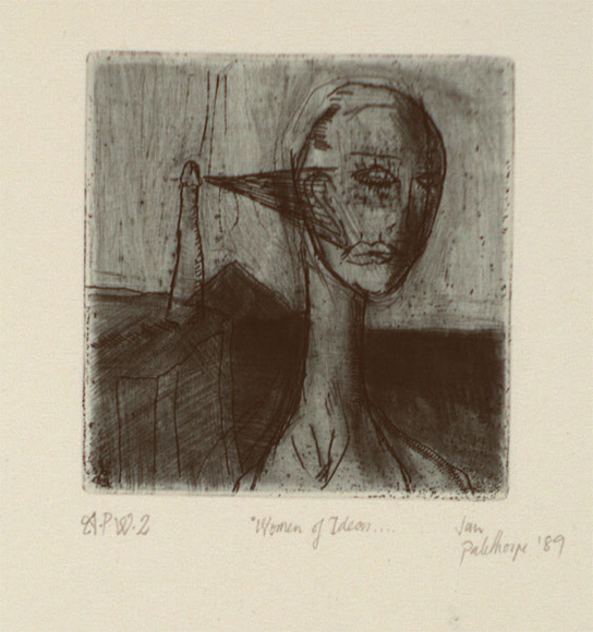 Artist: b'Palethorpe, Jan' | Title: b'Woman of ideas' | Date: 1989 | Technique: b'etching, printed in blue ink with plate-tone, from one plate'