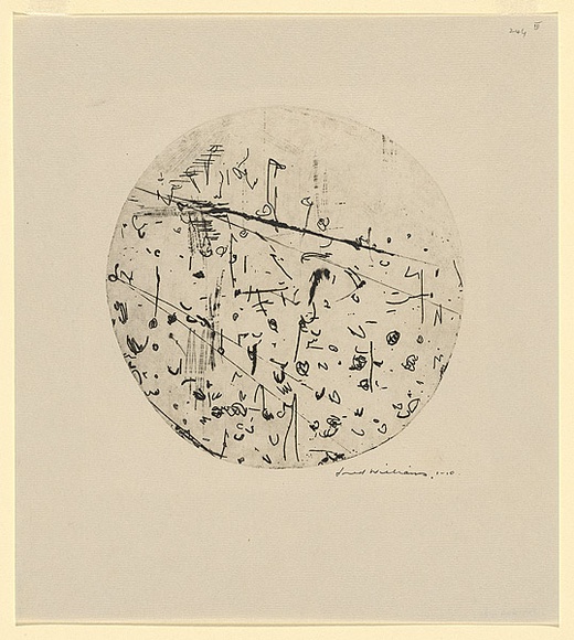 Artist: b'WILLIAMS, Fred' | Title: b'Circular hillside landscape' | Date: 1966-67 | Technique: b'etching, engraving, drypoint, mezzotint rocker, printed in black ink, from one copper plate' | Copyright: b'\xc2\xa9 Fred Williams Estate'
