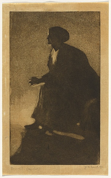 Artist: b'TRAILL, Jessie' | Title: b'Voices' | Date: 1912 | Technique: b'etching and aquatint, printed in brown ink with plate-tone, from one plate'