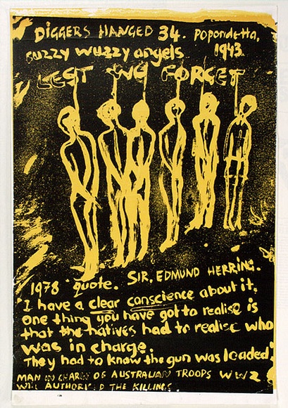 Artist: b'Gibb, Viva Jillian.' | Title: b'Least we Fiorget.' | Date: 1978 | Technique: b'screenprint, printed in colour, from two stencils'