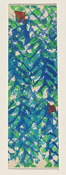 Title: b'Card: Christmas' | Technique: b'stamp, printed in green, dark blue, light blue and red ink, from four blocks'