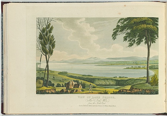 Artist: b'Lycett, Joseph.' | Title: b'View of Lake George, New South Wales, from the north east.' | Date: 1825 | Technique: b'etching and aquatint, printed in black ink, from one copper plate; hand-coloured'