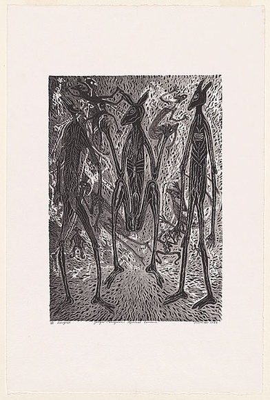 Artist: b'Hayward Pooaraar, Bevan.' | Title: b'Yongas (Kangaroos) Spiritual Concerns' | Date: 1988 | Technique: b'lithograph'