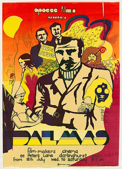 Artist: b'Helen.' | Title: b'Dalmas, Film-makers cinema, Darlinghurst' | Date: 1973 | Technique: b'screenprint, printed in colour, from multiple stencils'